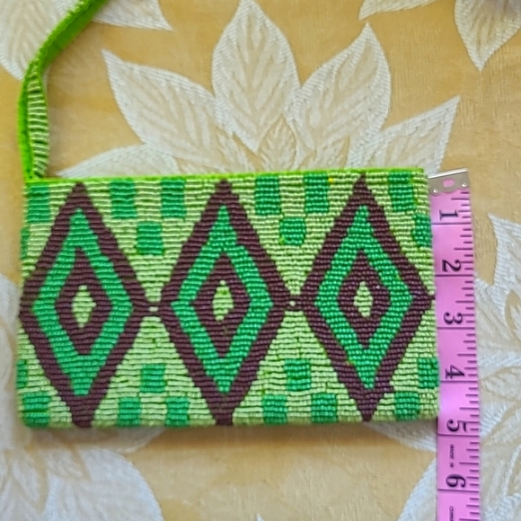 Vintage Beaded Wristlet Green Diamond Embellished Boho Wallet Mini Coin Purse - Picture 7 of 8